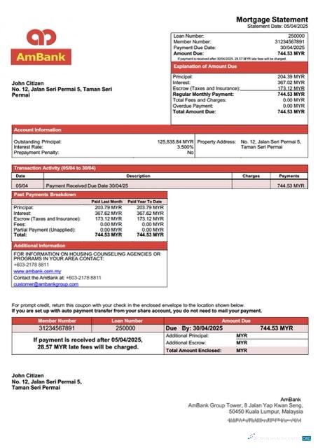 Download Malaysia AmBank mortgage statement Word and PDF template Photoshop template